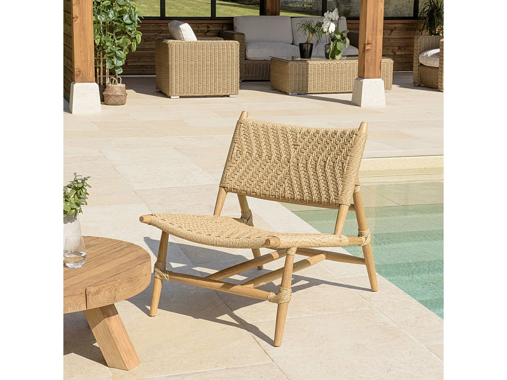 VALERIA - Lot de 2 fauteuils lounge jardin en bois teck rotin relief