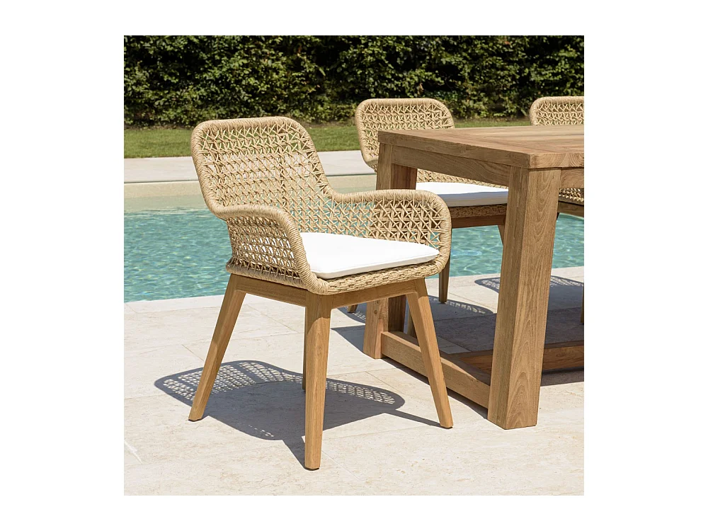 VALERIA - Lot de 2 fauteuils jardin teck rotin synthétique et coussin blanc