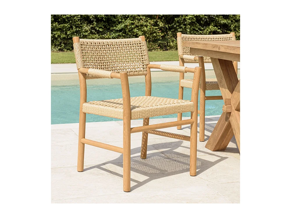 VALERIA - Lot de 2 fauteuils jardin accoudoirs teck rotin synthétique beige