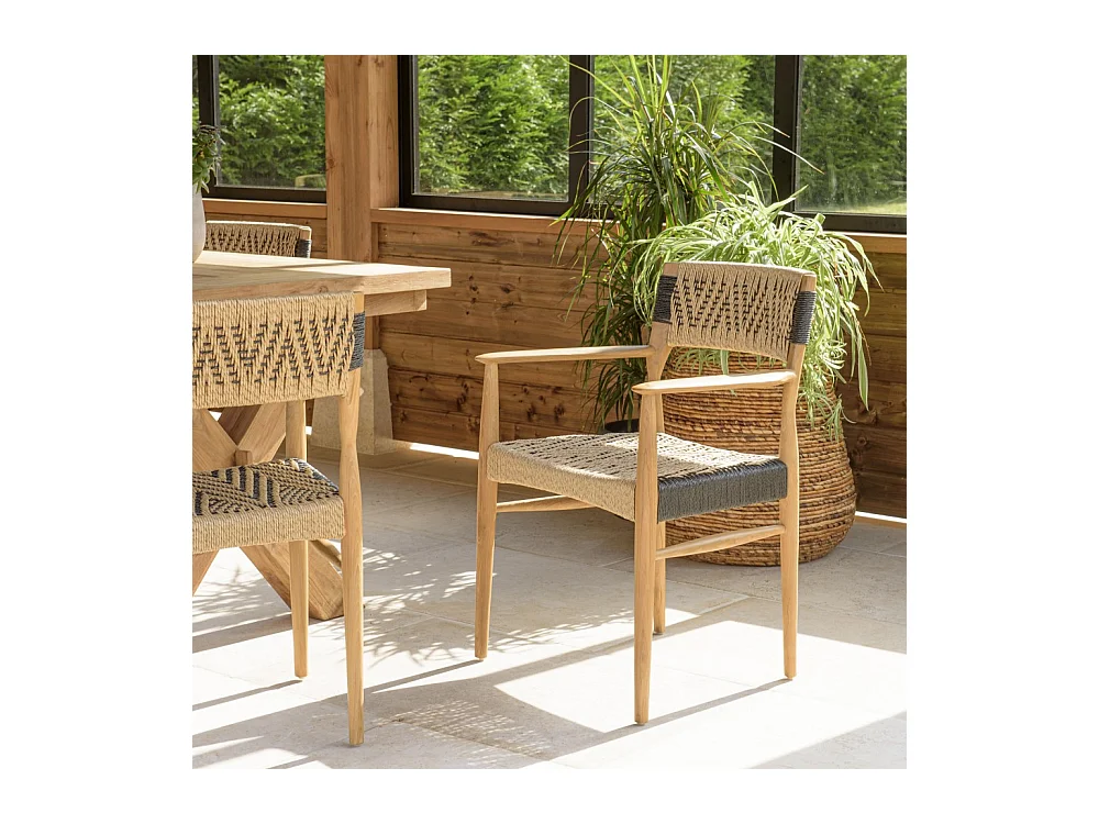 VALERIA - Lot de 2 fauteuils jardin teck rotin synthétique beige / noir