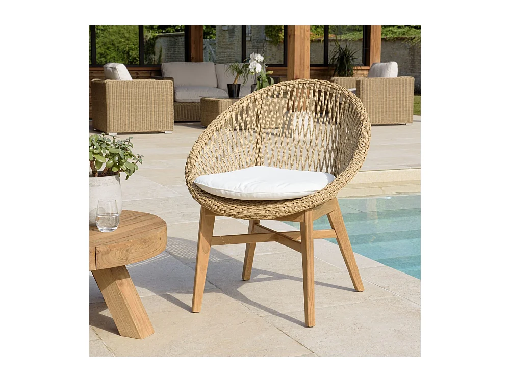 VALERIA - Lot de 2 fauteuils jardin arrondi teck rotin synthétique /coussin