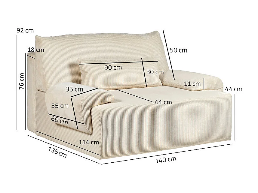 Canapé 2 places convertible en velours côtelé beige - LESTER