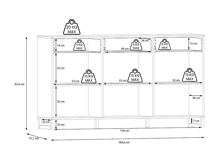 Buffet 165 cm décor gris clair mat et poignées métal noir - ASTORIA