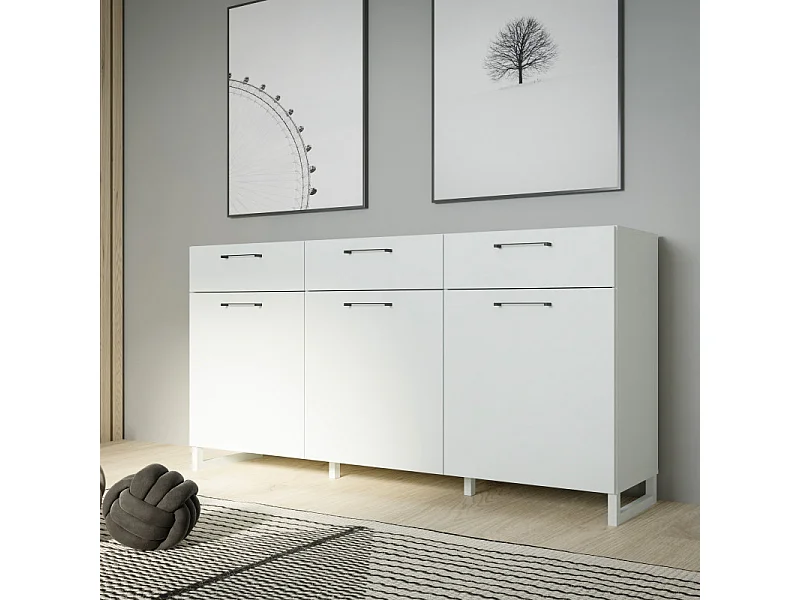 Buffet 165 cm décor gris clair mat et poignées métal noir - ASTORIA