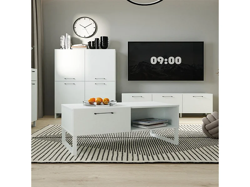 Table basse 110 cm décor gris clair mat poignées métal noir - ASTORIA