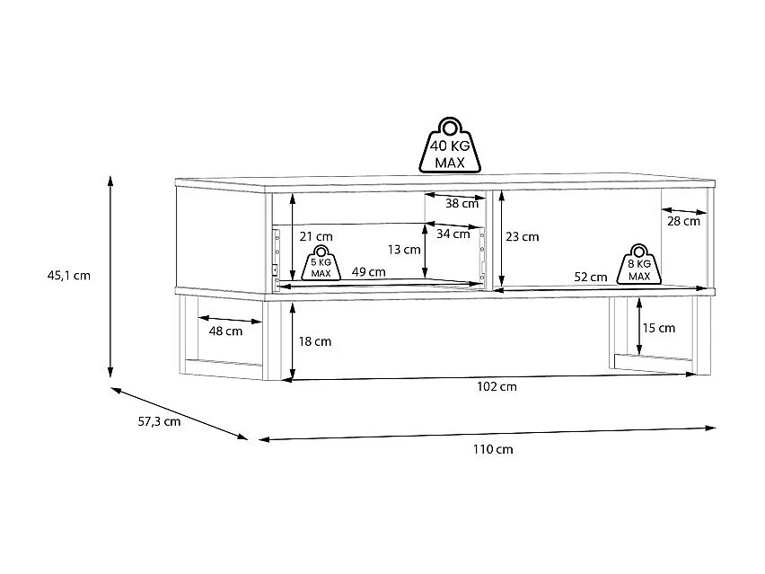 Table basse 110 cm décor gris clair mat poignées métal noir - ASTORIA