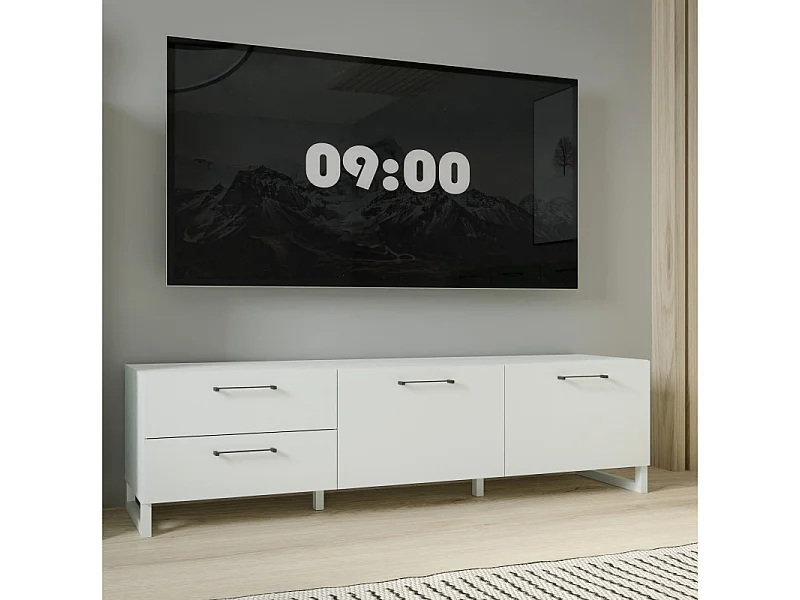 Meuble TV 165 cm décor gris clair mat et poignées métal noir - ASTORIA