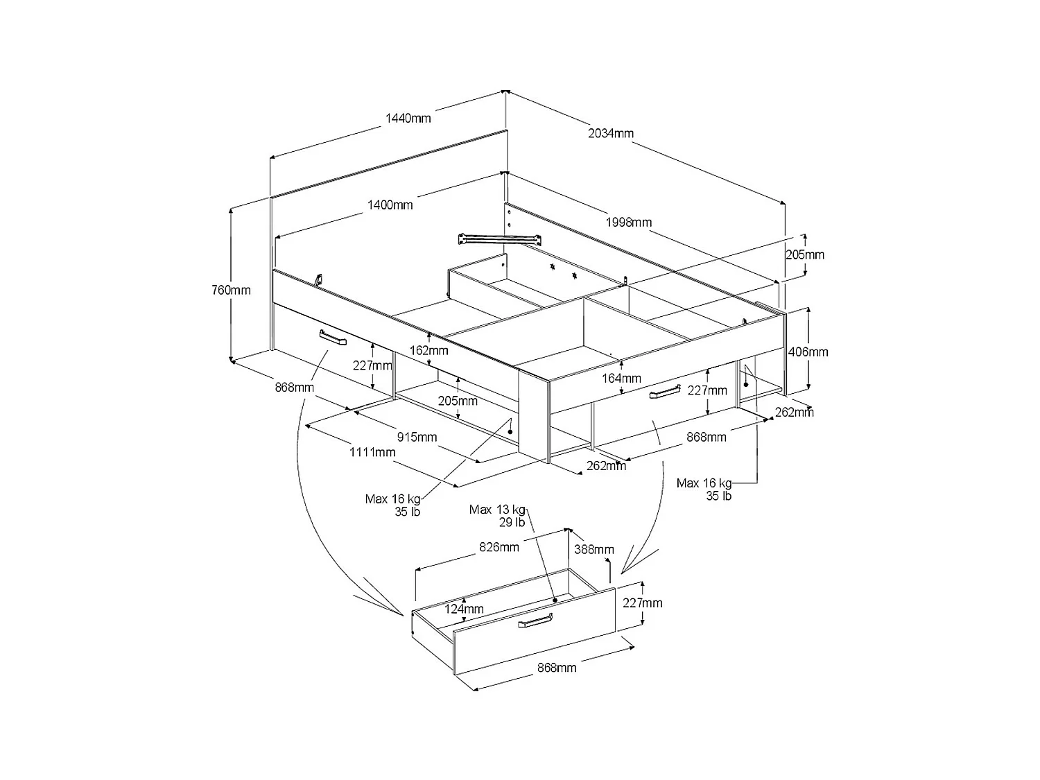 Cama 140 x 190/200 cm con almacenamiento - Color: Natural y negro - KINSELIA