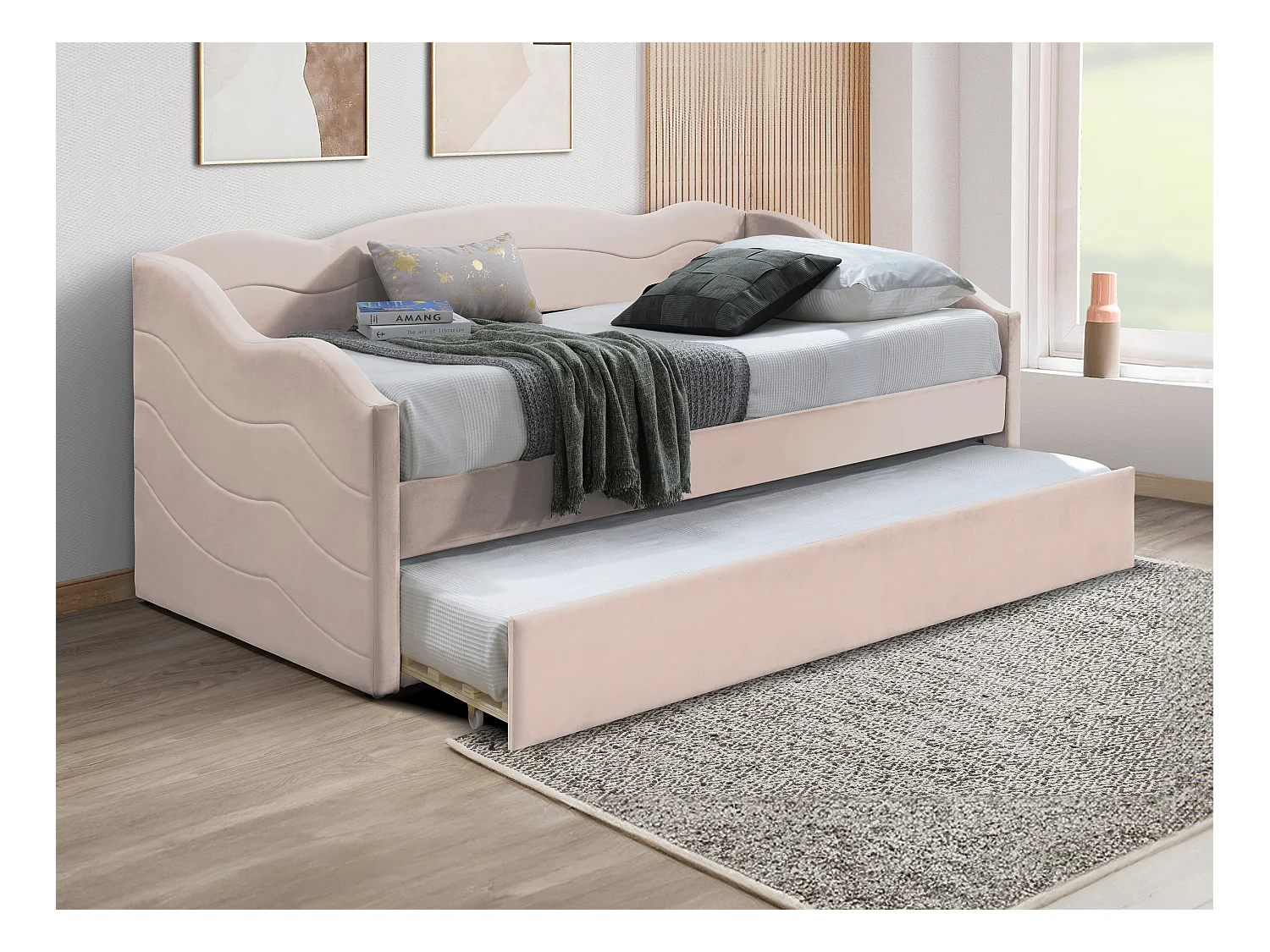 Sofá cama nido 2 x 90 x 190 cm - Terciopelo - Rosa + Colchón - LENVIA