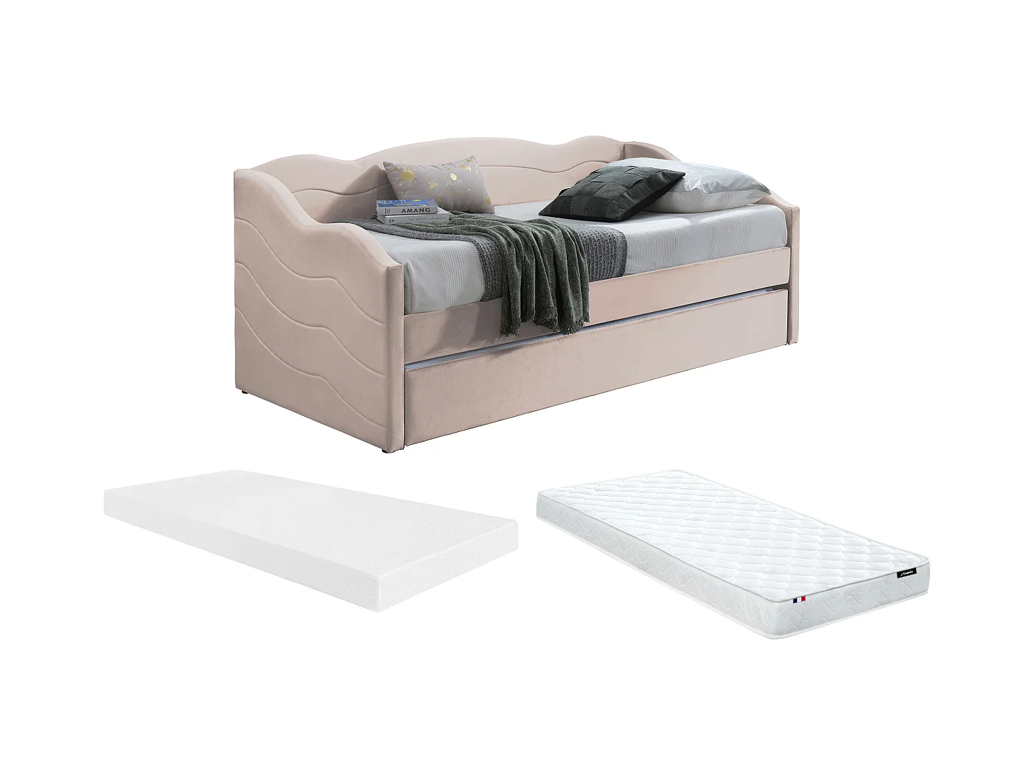 Sofá cama nido 2 x 90 x 190 cm - Terciopelo - Rosa + Colchón - LENVIA