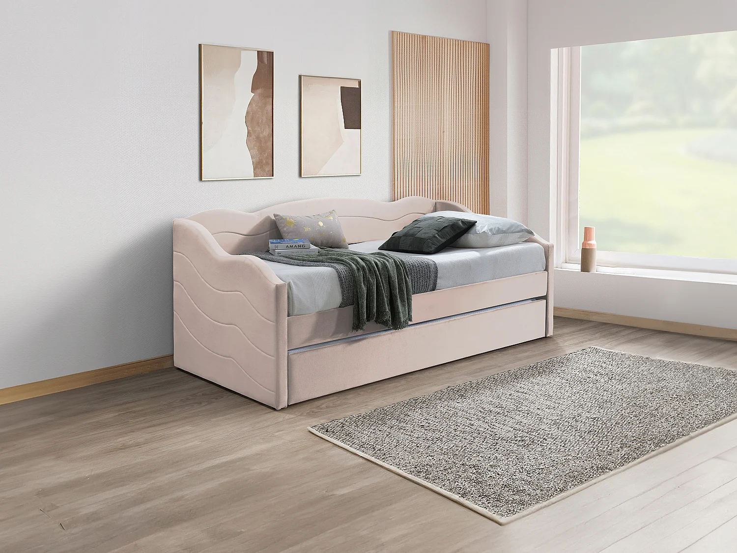 Ausziehbett mit Matratze - 2 x 90 x 190 cm - Samt - Rosa - LENVIA