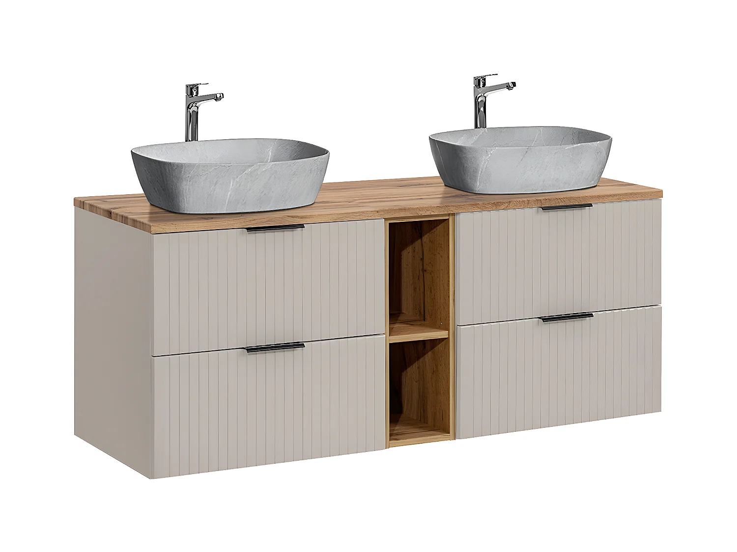 Meuble double vasque effet pierre 140cm 2 niches Adriel Cachemire et Bois