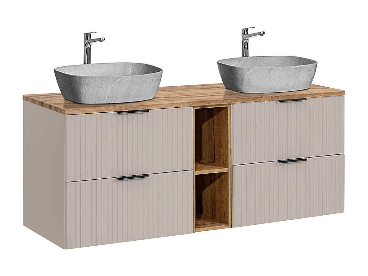 Dobbelt håndvask med steneffekt 140 cm 2 nicher Adriel Cashmere og Wood