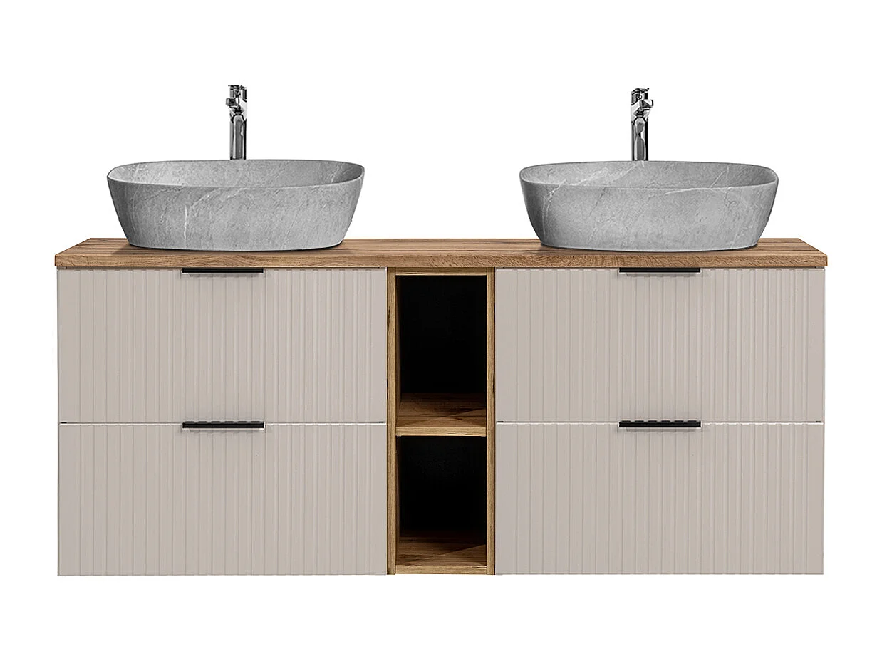 Dobbelt håndvask med steneffekt 140 cm 2 nicher Adriel Cashmere og Wood