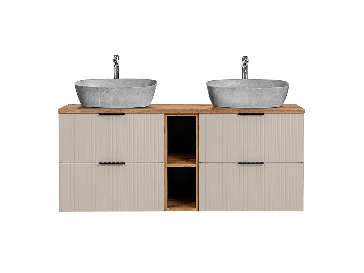 Meuble double vasque effet pierre 140cm 2 niches Adriel Cachemire et Bois