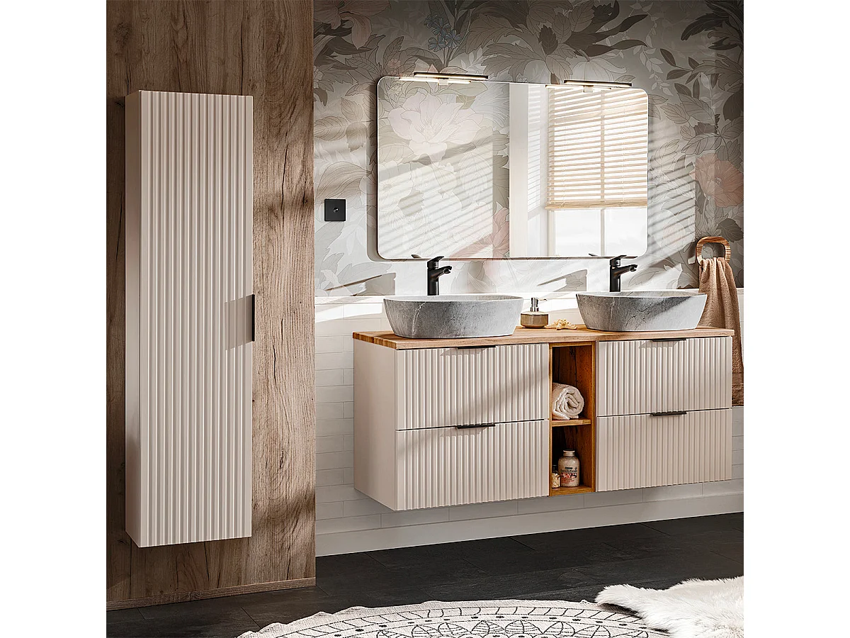 Meuble double vasque effet pierre 140cm 2 niches Adriel Cachemire et Bois