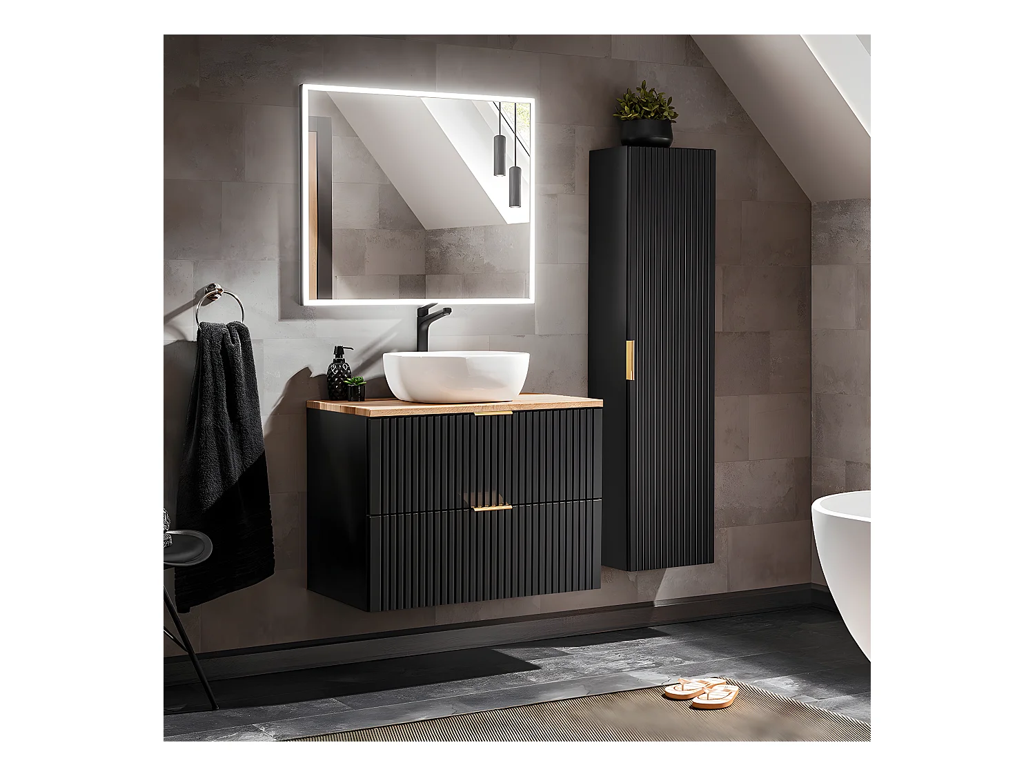 Mueble lavabo individual 80cm Adriel Negro y Madera