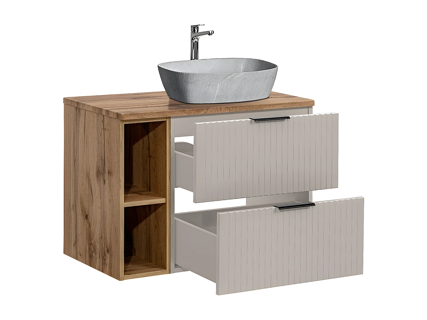 Meuble simple vasque effet pierre 80cm 2 niches Adriel Cachemire et Bois