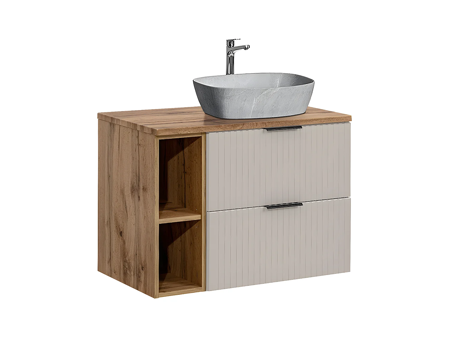 Meuble simple vasque effet pierre 80cm 2 niches Adriel Cachemire et Bois