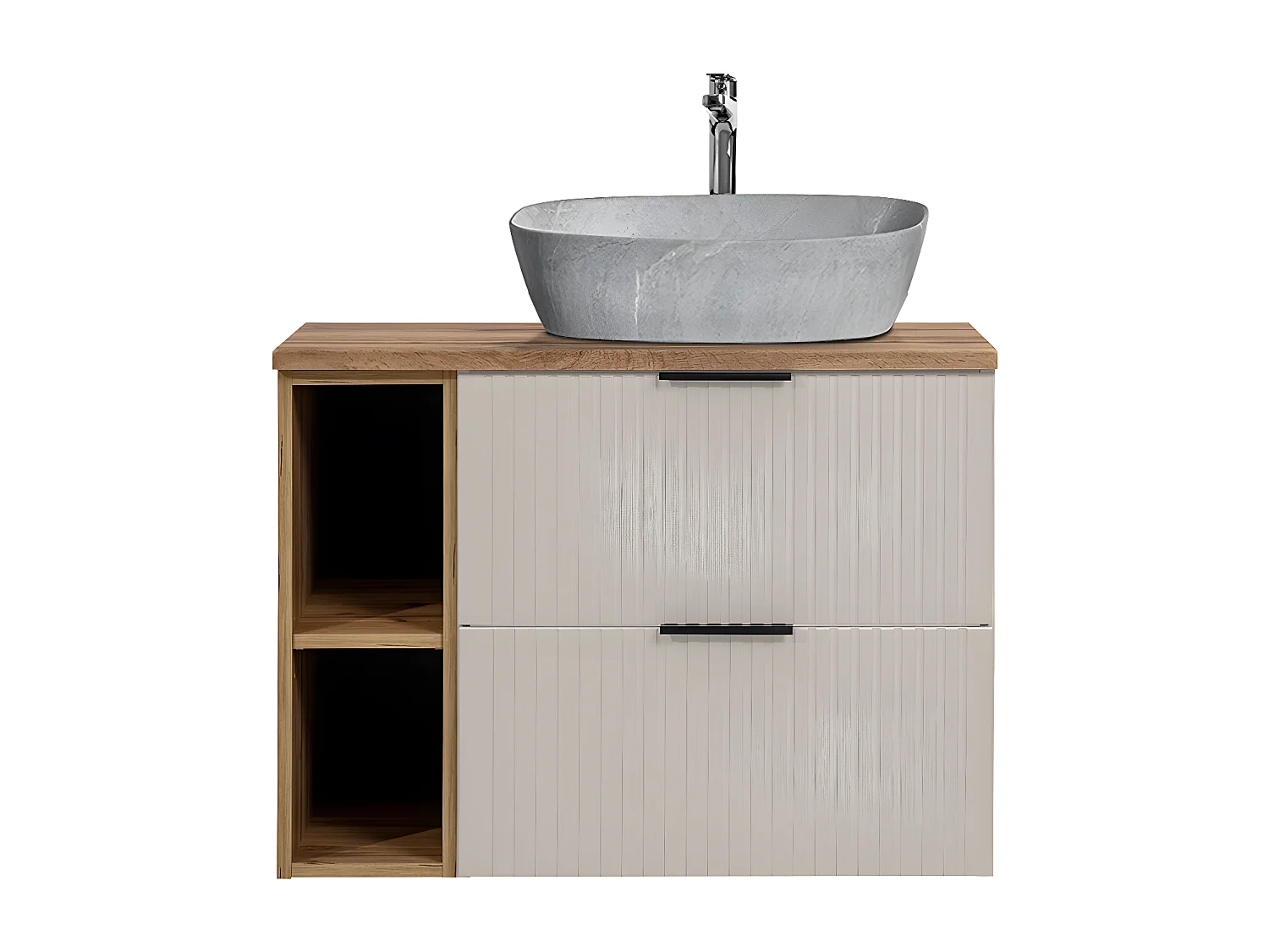 Meuble simple vasque effet pierre 80cm 2 niches Adriel Cachemire et Bois