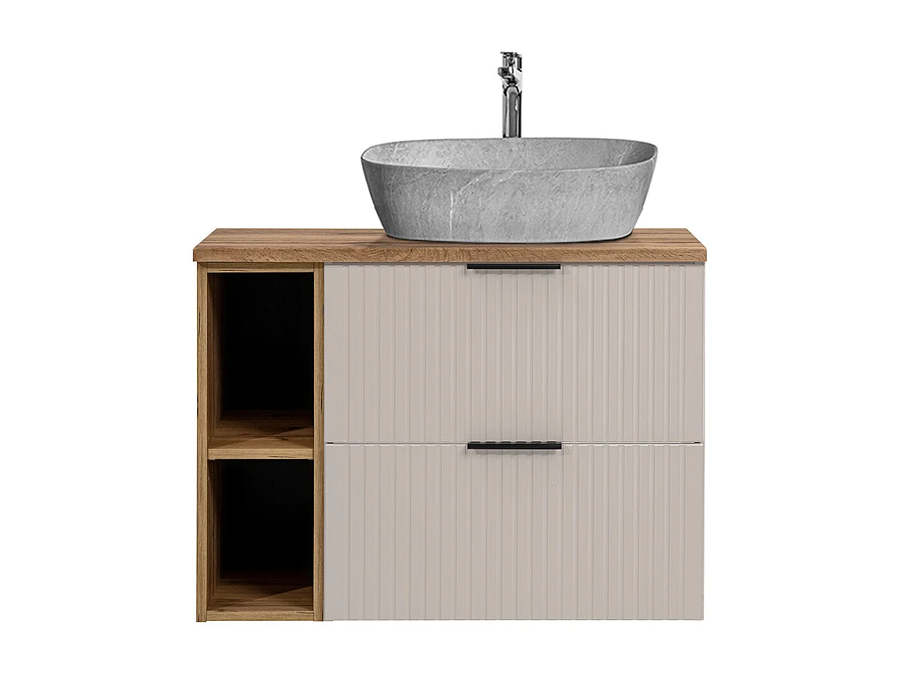 Enkele wastafel met steeneffect 80cm 2 nissen Adriel Kasjmier en Hout