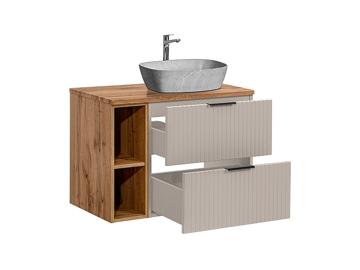 Meuble simple vasque effet pierre 80cm 2 niches Adriel Cachemire et Bois
