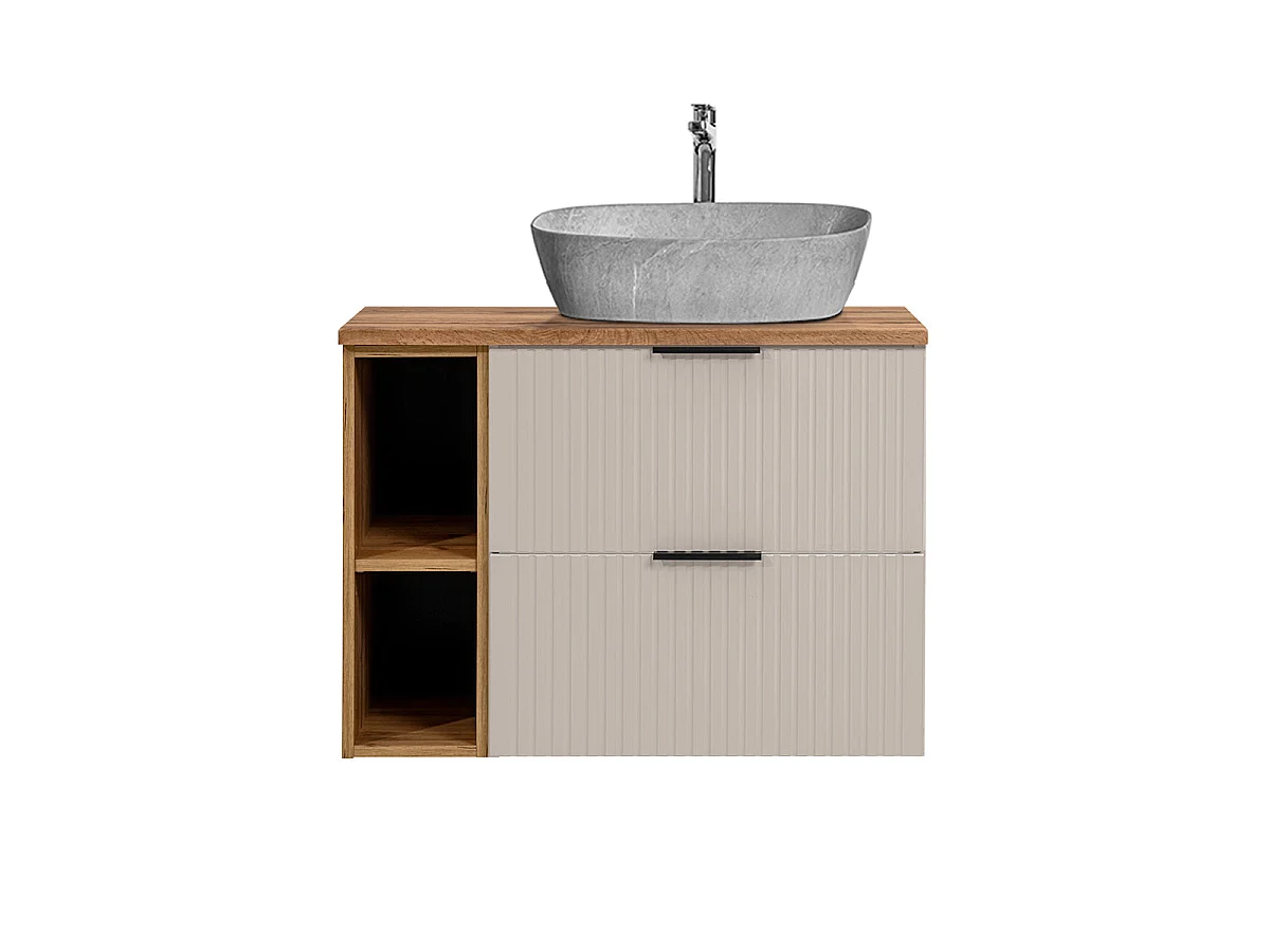 Meuble simple vasque effet pierre 80cm 2 niches Adriel Cachemire et Bois