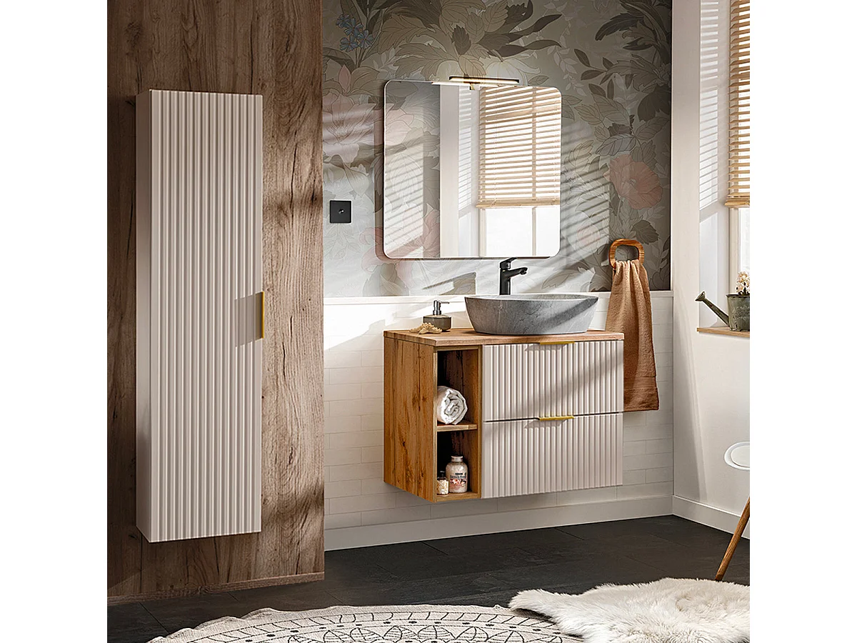 Meuble simple vasque effet pierre 80cm 2 niches Adriel Cachemire et Bois