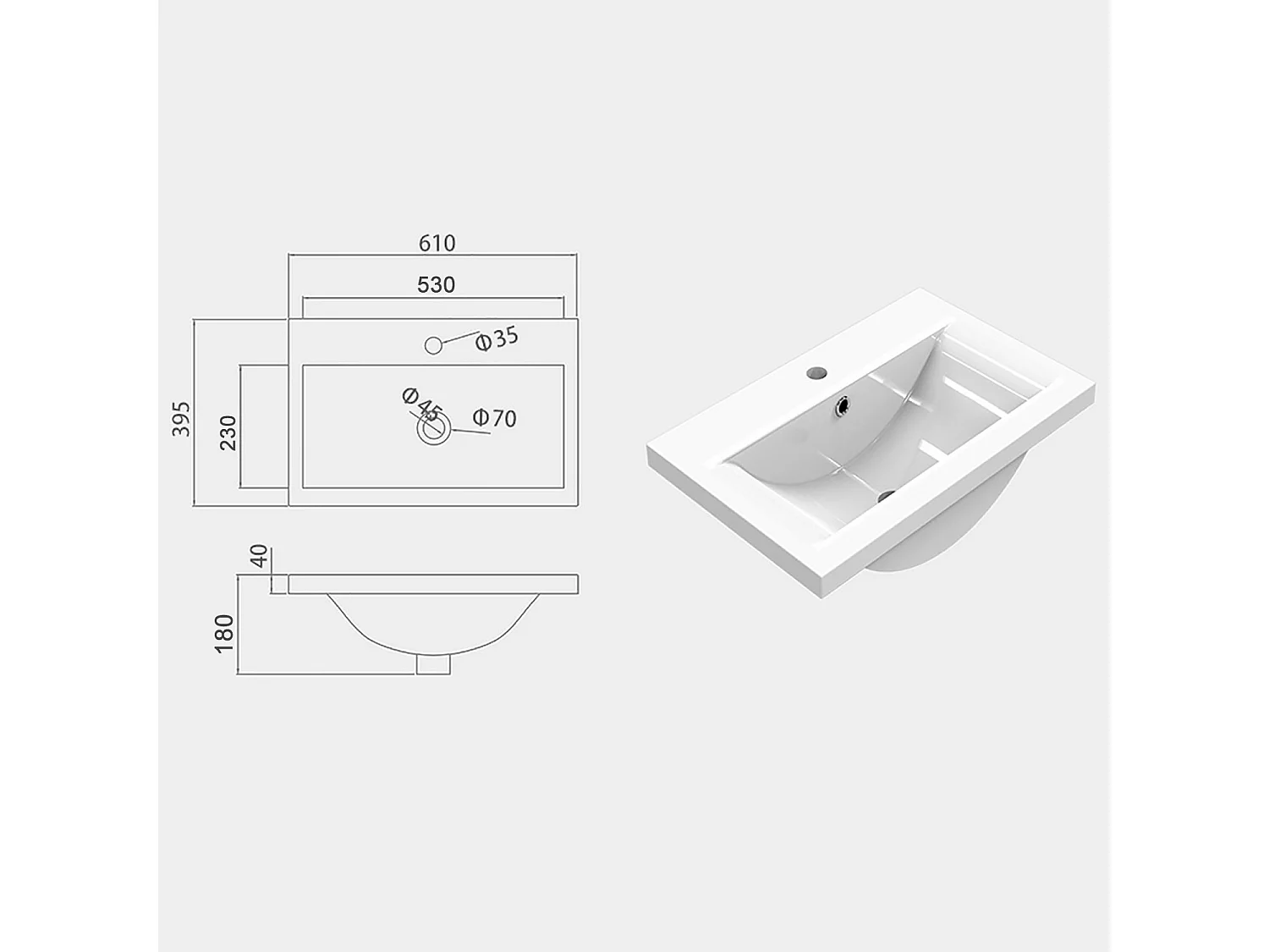 Aica vasque simple céramique de synthèse blanc l.61 x P.39.5 cm vasque à encastrer