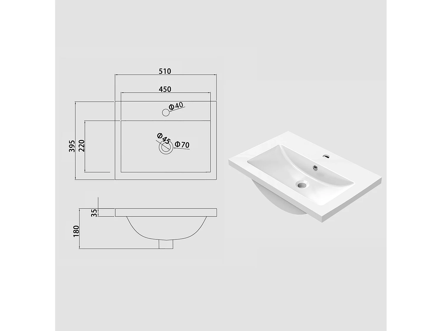 Aica vasque simple Résine de synthèse blanc l.51 x P.39.5 cm vasque à encastrer
