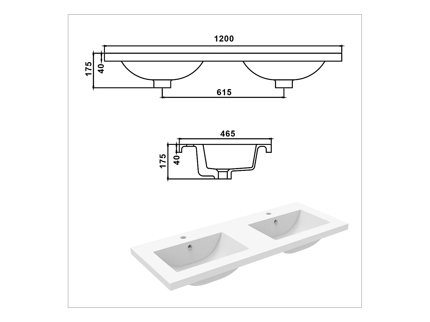 Aica vasque double Résine de synthèse blanc l.120 x P.46.5 cm vasque à encastrer