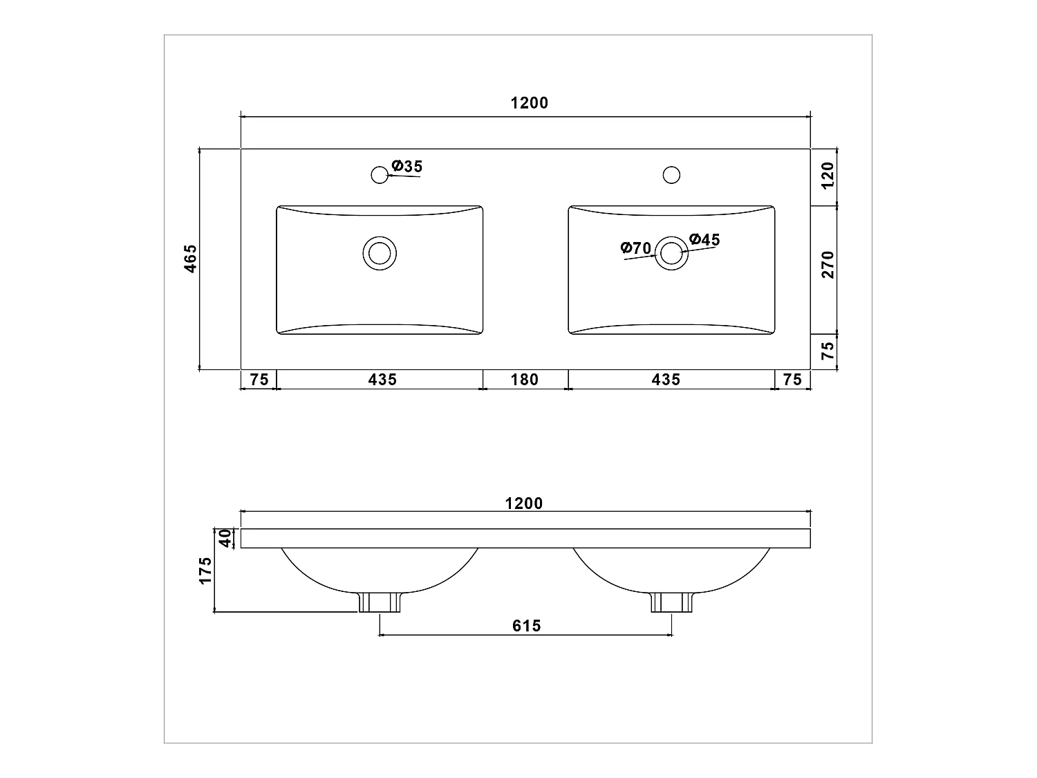 Aica vasque double Résine de synthèse blanc l.120 x P.46.5 cm vasque à encastrer