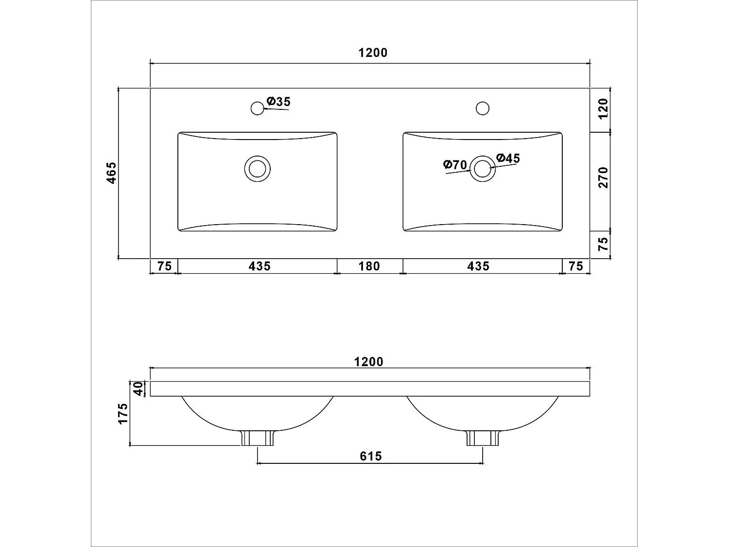 Aica vasque double Résine de synthèse blanc l.120 x P.46.5 cm vasque à encastrer