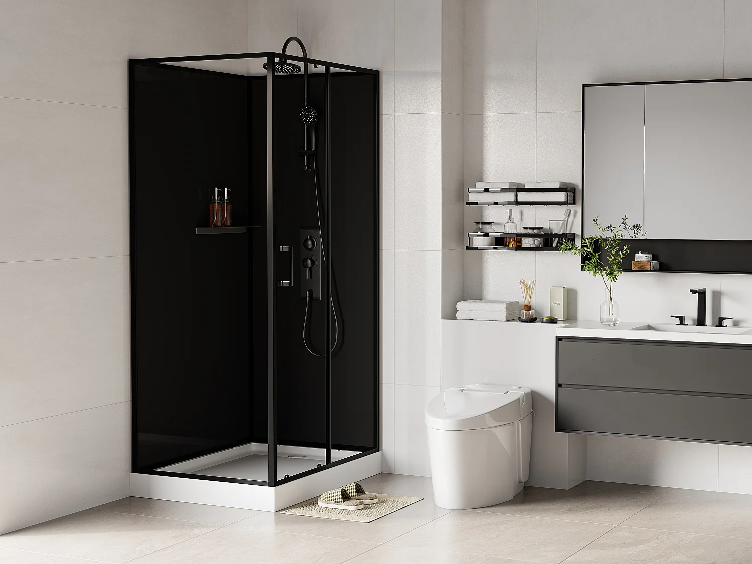 Cabine de douche rectangulaire - Installation réversible - Noir - L110 x l80 x H225 cm - ZODANI