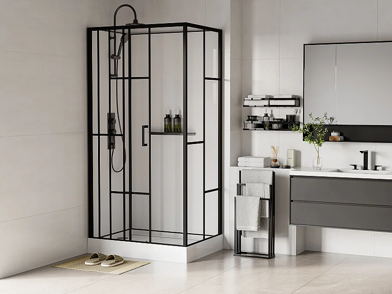 Cabine de douche rectangulaire sérigraphiée - Installation réversible - Blanc et Noir mat - L110 x l80 x H225 cm - GAVILA