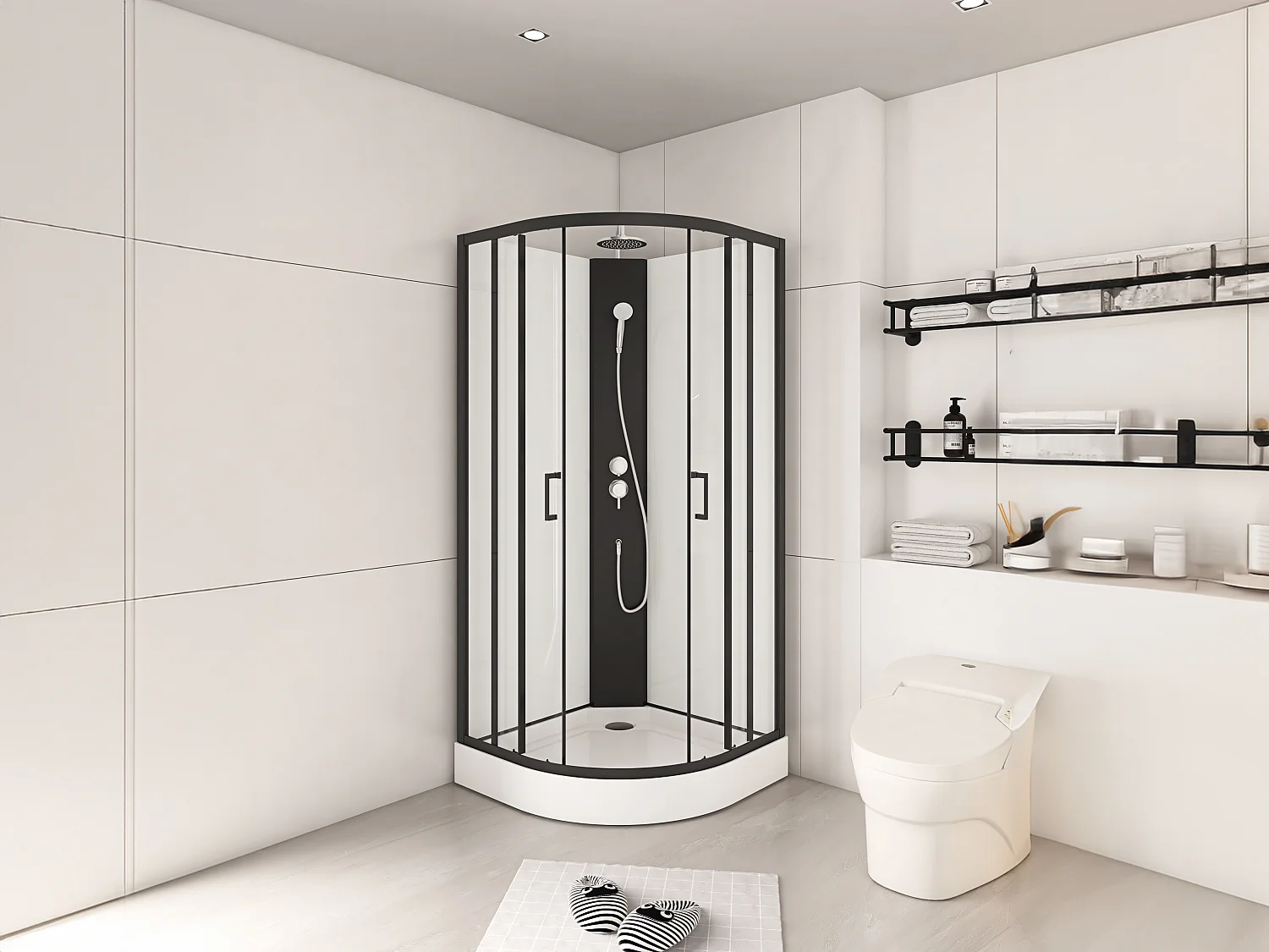 Cabine de douche quart de cercle - Hauteur ajustable - L90 x l90 x H200/220 cm - Noir et blanc - ROVATA