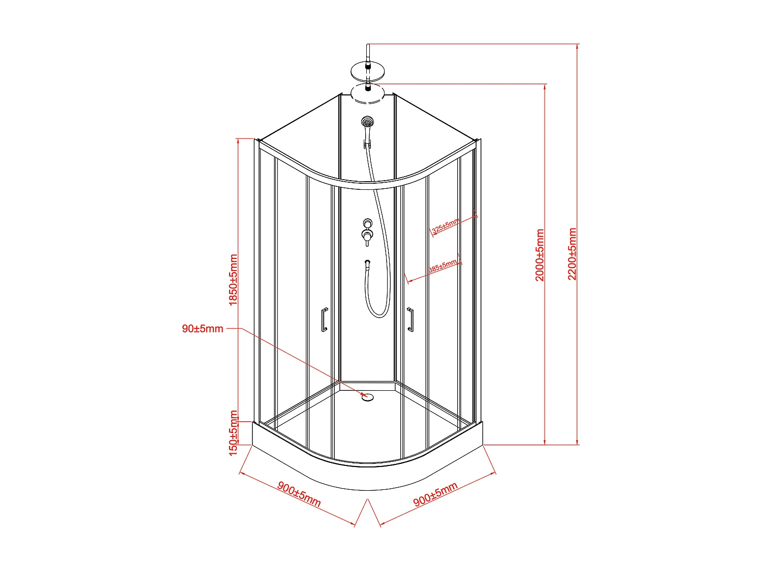 Cabine de douche quart de cercle - Hauteur ajustable - L90 x l90 x H200/220 cm - Noir et blanc - ROVATA