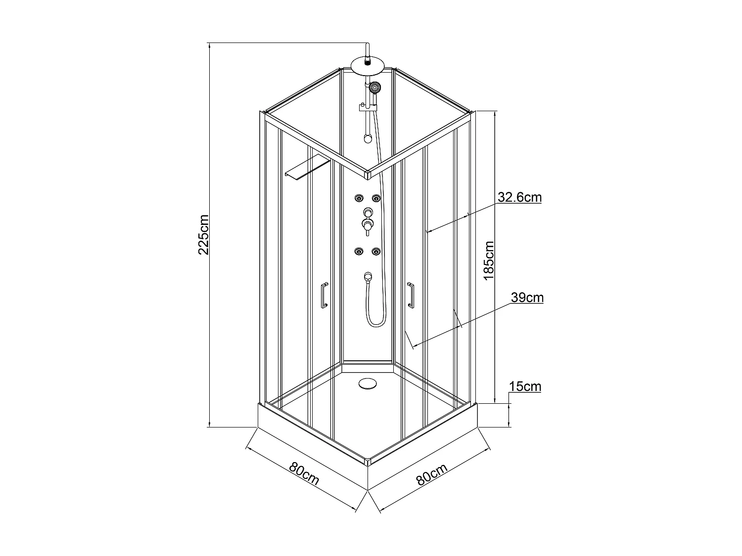 Cabine de douche hydromassante en fibre de bambou - Noir mat - L80 x l80 x H225 cm - ARDALI