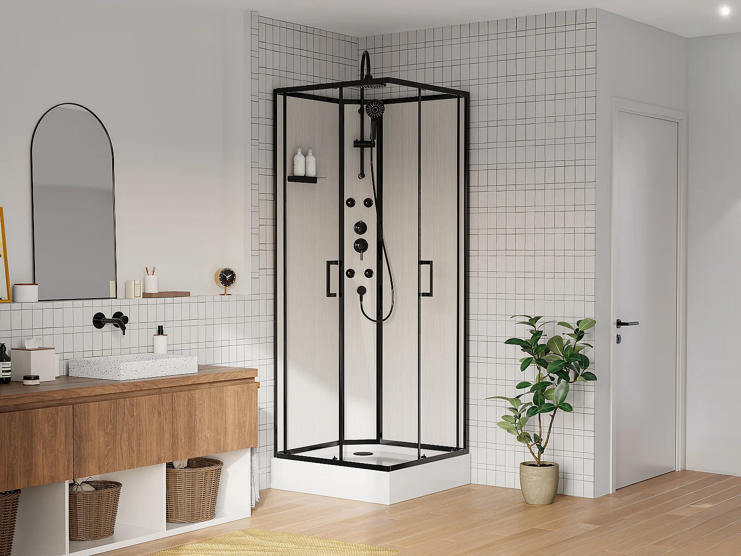 Cabine de douche hydromassante en fibre de bambou - Noir mat - L80 x l80 x H225 cm - ARDALI