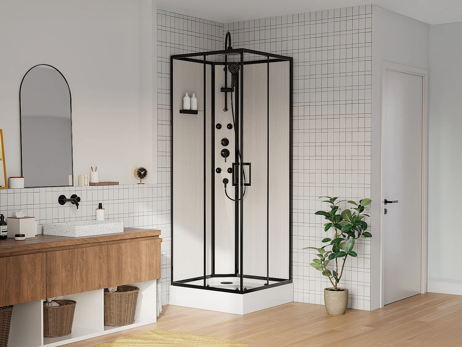 Douchecabine met massagefunctie van bamboevezel - Mat zwart - L80 x B80 x H225 cm - ARDALI