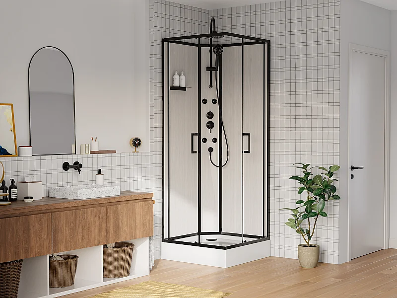 Cabine de douche hydromassante en fibre de bambou - Noir mat - L80 x l80 x H225 cm - ARDALI