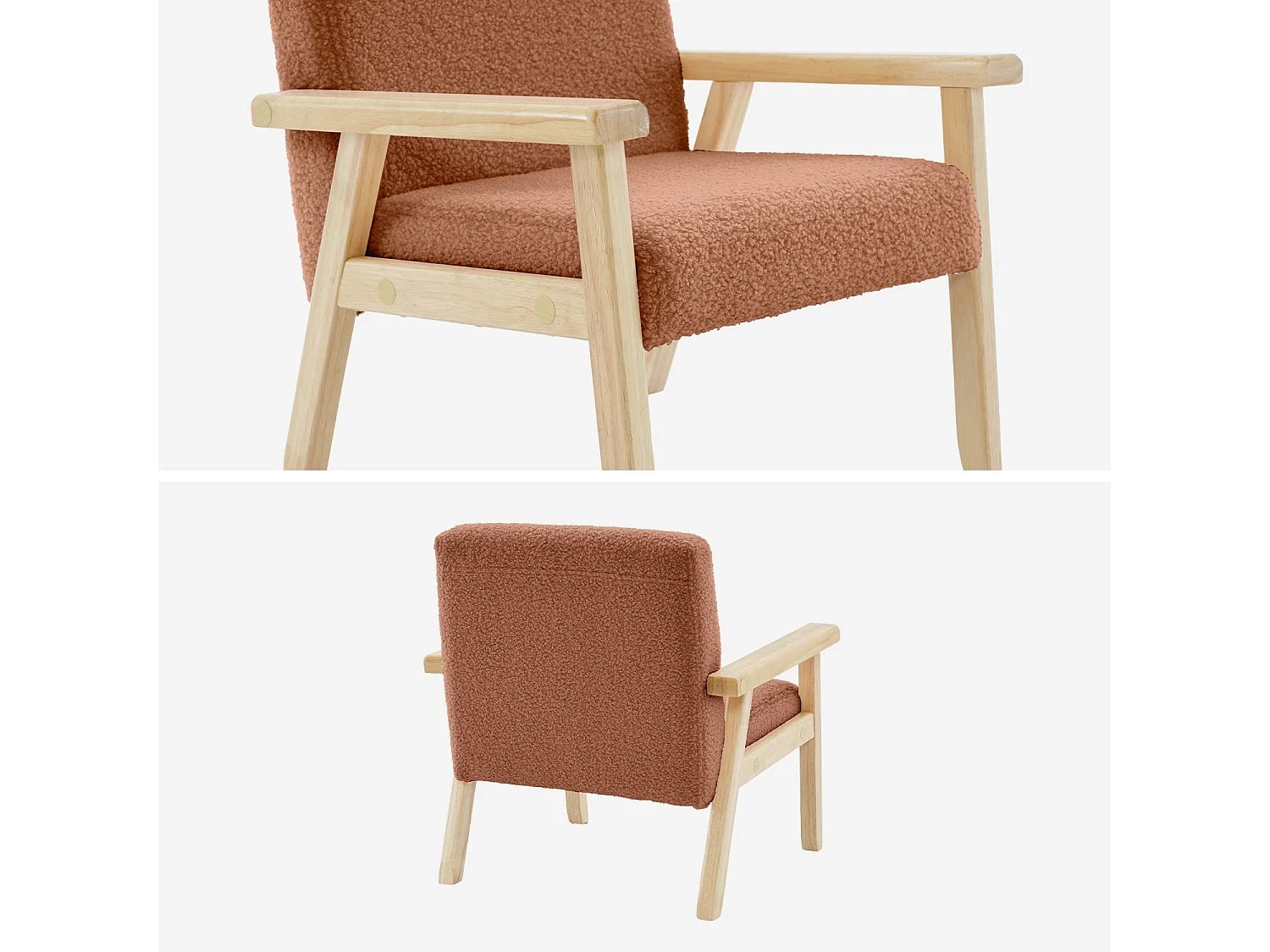 Fauteuil enfant en bois et tissu bouclette terracotta. ISAK L 47 x P 43.5 x H 50cm