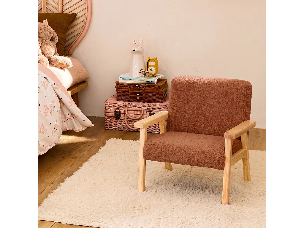Poltrona scandinava per bambini in tessuto bouclé e legno di hevea Terracotta - 47x43.5x50 cm
