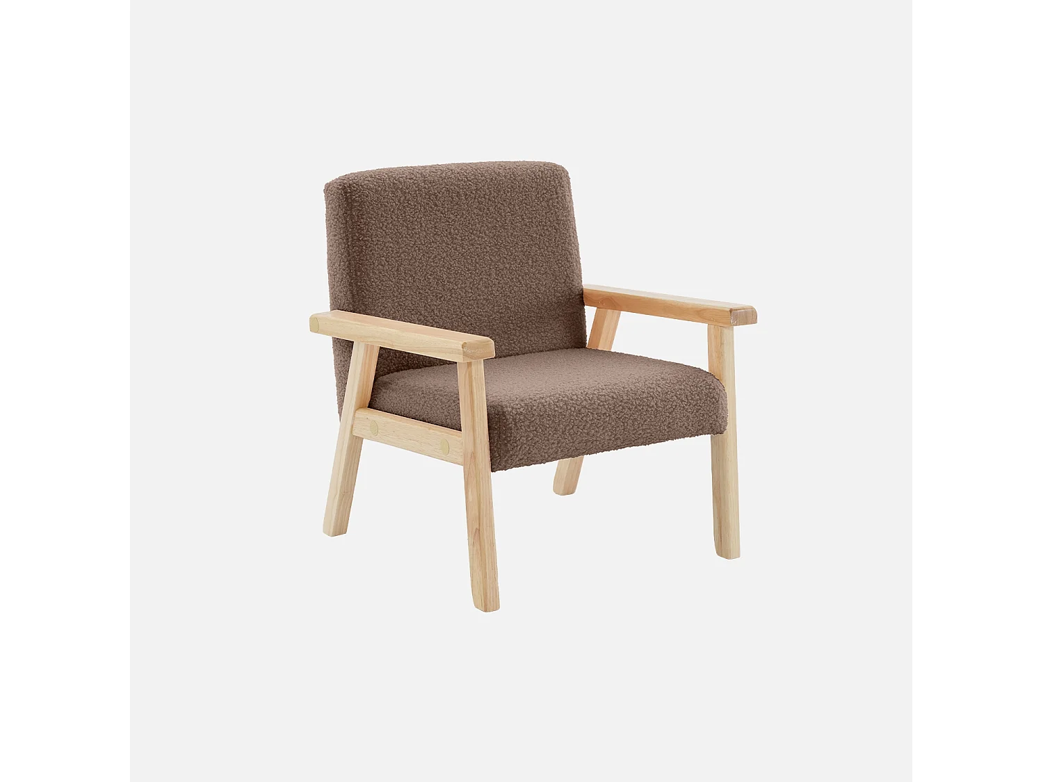 Fauteuil enfant en bois et tissu bouclette taupe. ISAK L 47 x P 43.5 x H 50cm