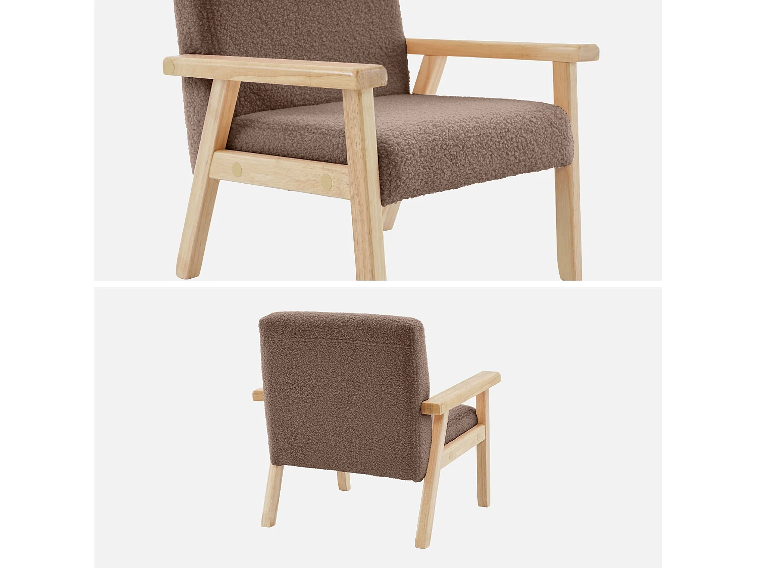 Fauteuil enfant en bois et tissu bouclette taupe. ISAK L 47 x P 43.5 x H 50cm