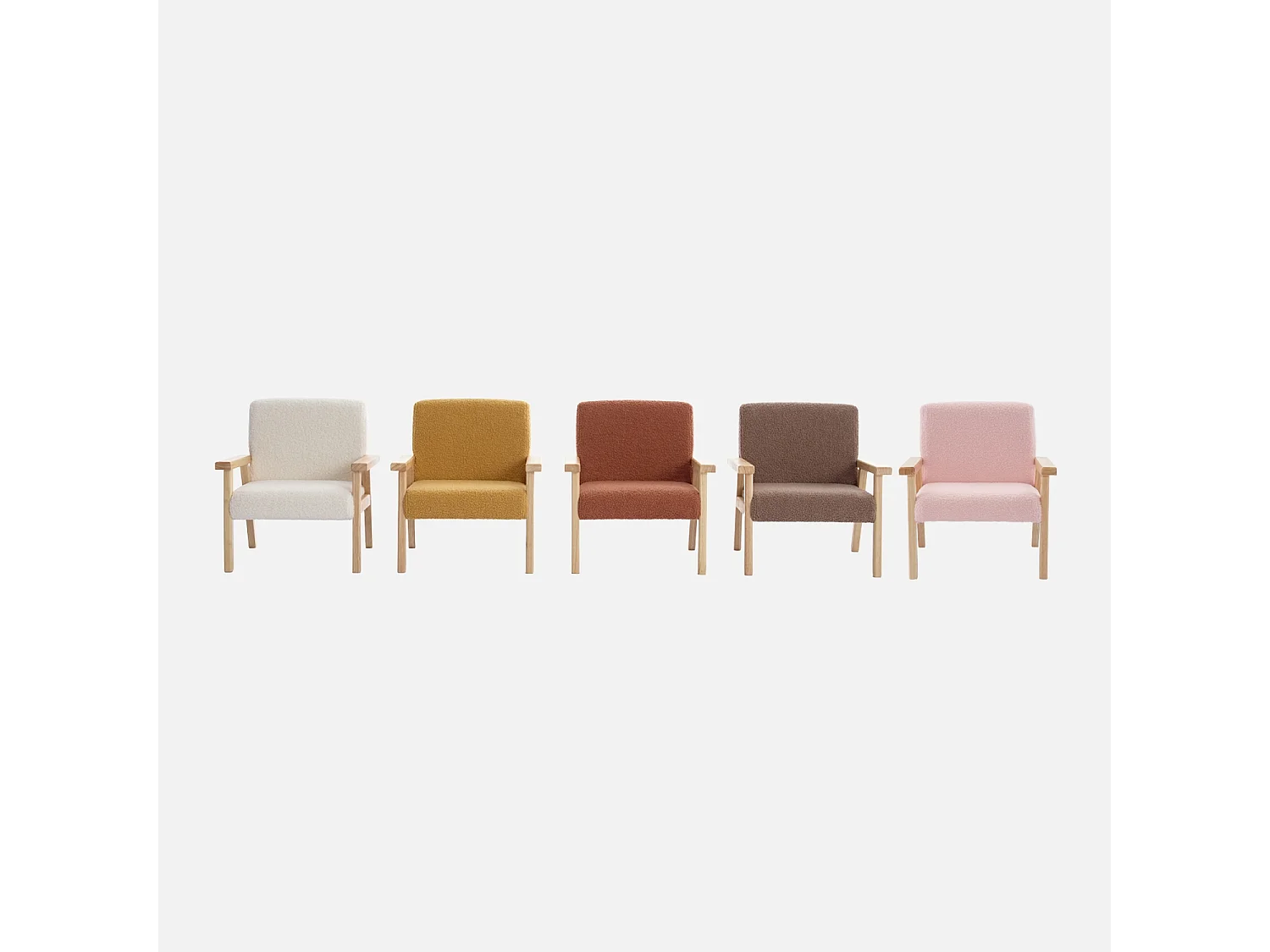 Fauteuil enfant en bois et tissu bouclette taupe. ISAK L 47 x P 43.5 x H 50cm