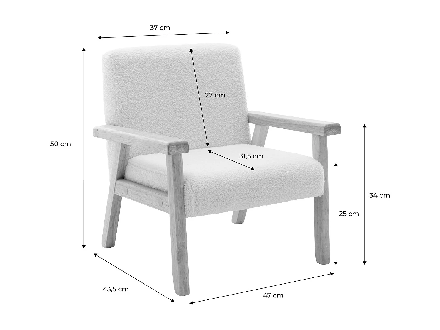 Fauteuil enfant en bois et tissu bouclette taupe. ISAK L 47 x P 43.5 x H 50cm