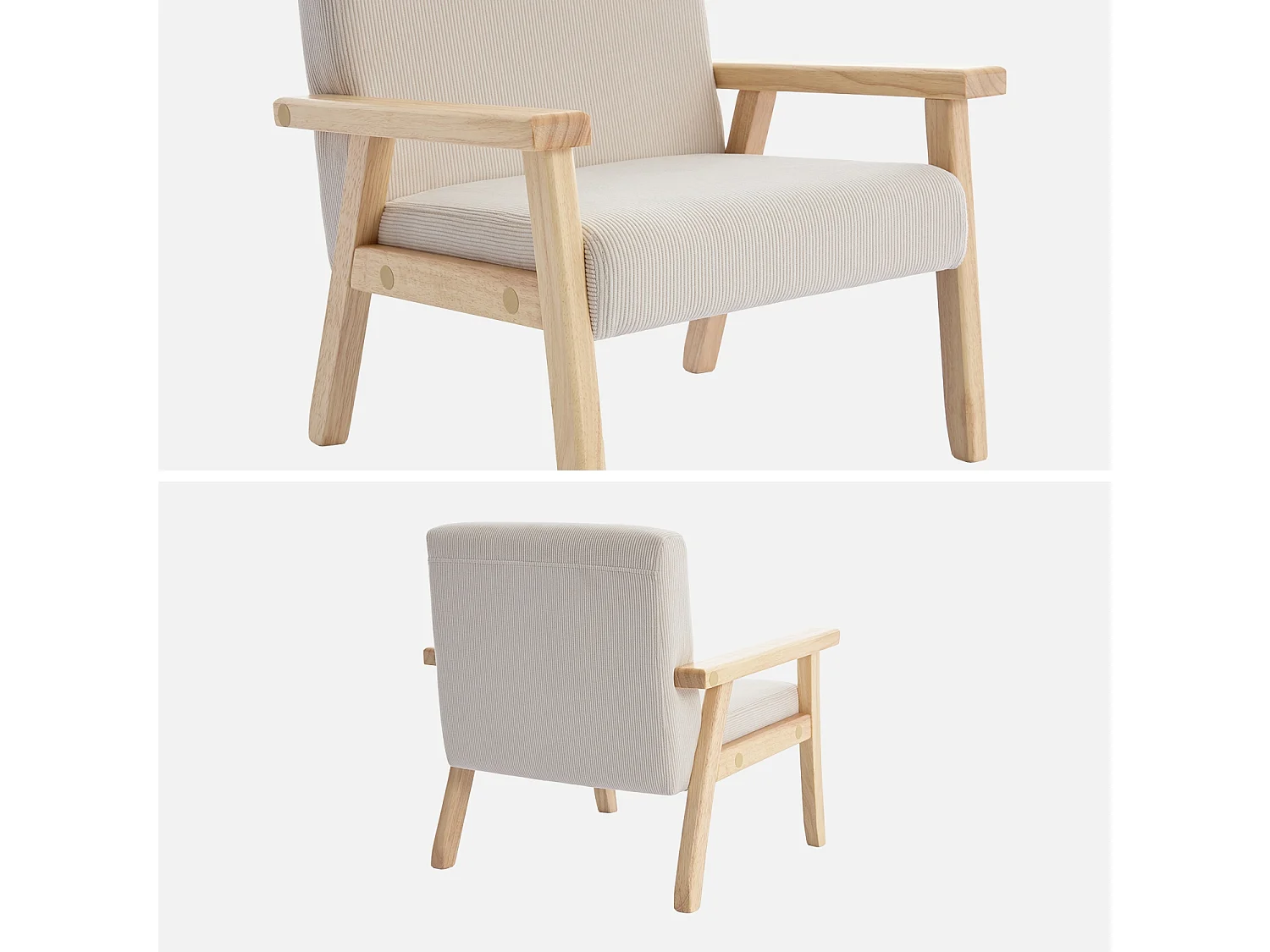 Poltrona scandinava per bambini in velluto a coste e legno di gomma,