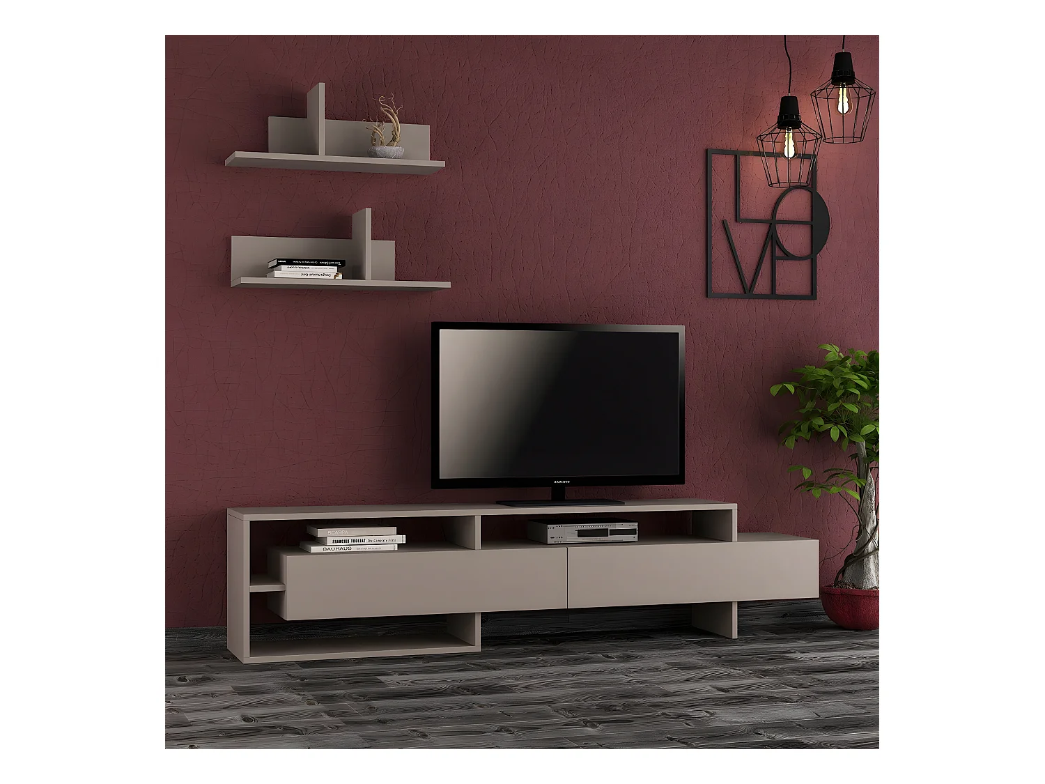 TV-Möbel mit 2 Türen und 2 Wandregalen L180 cm - Gara