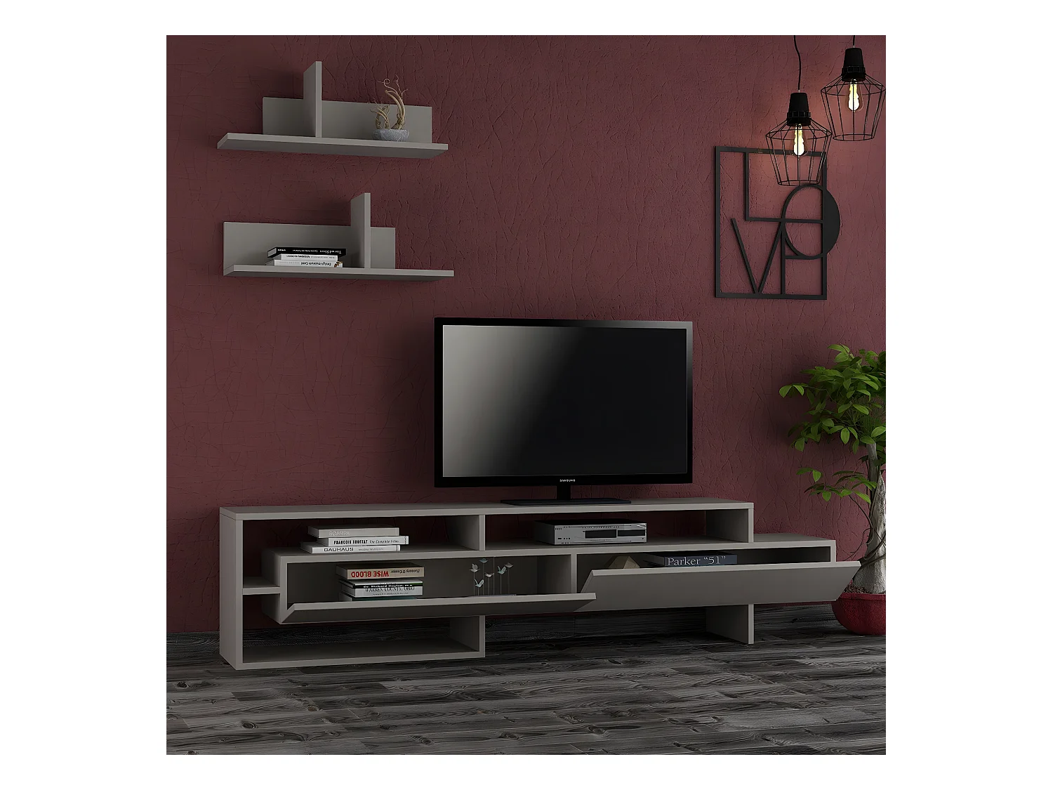 TV-Möbel mit 2 Türen und 2 Wandregalen L180 cm - Gara